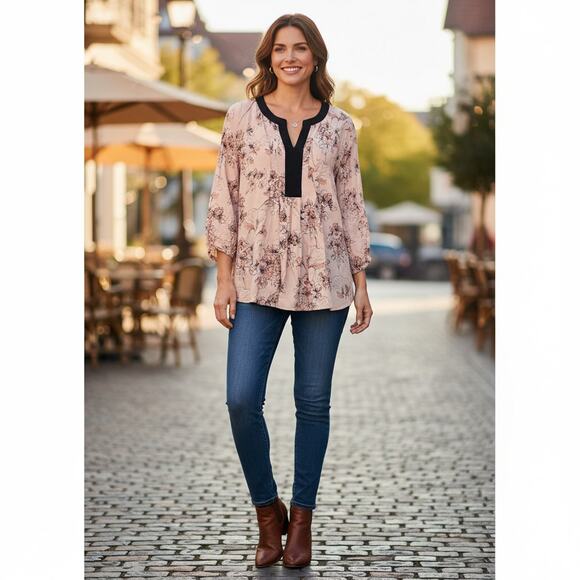 DR2 Floral Top Womens Size 2X Blush Peach & Black Relaxed Pullover Blouse - Picture 10 of 10